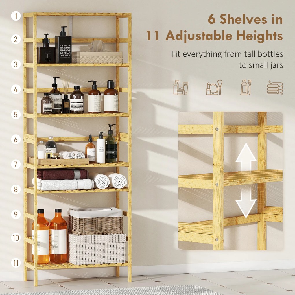 HOMCOM Raft de bambus cu 6 niveluri, cu rafturi reglabile, 60x26x161 cm | Aosom Romania