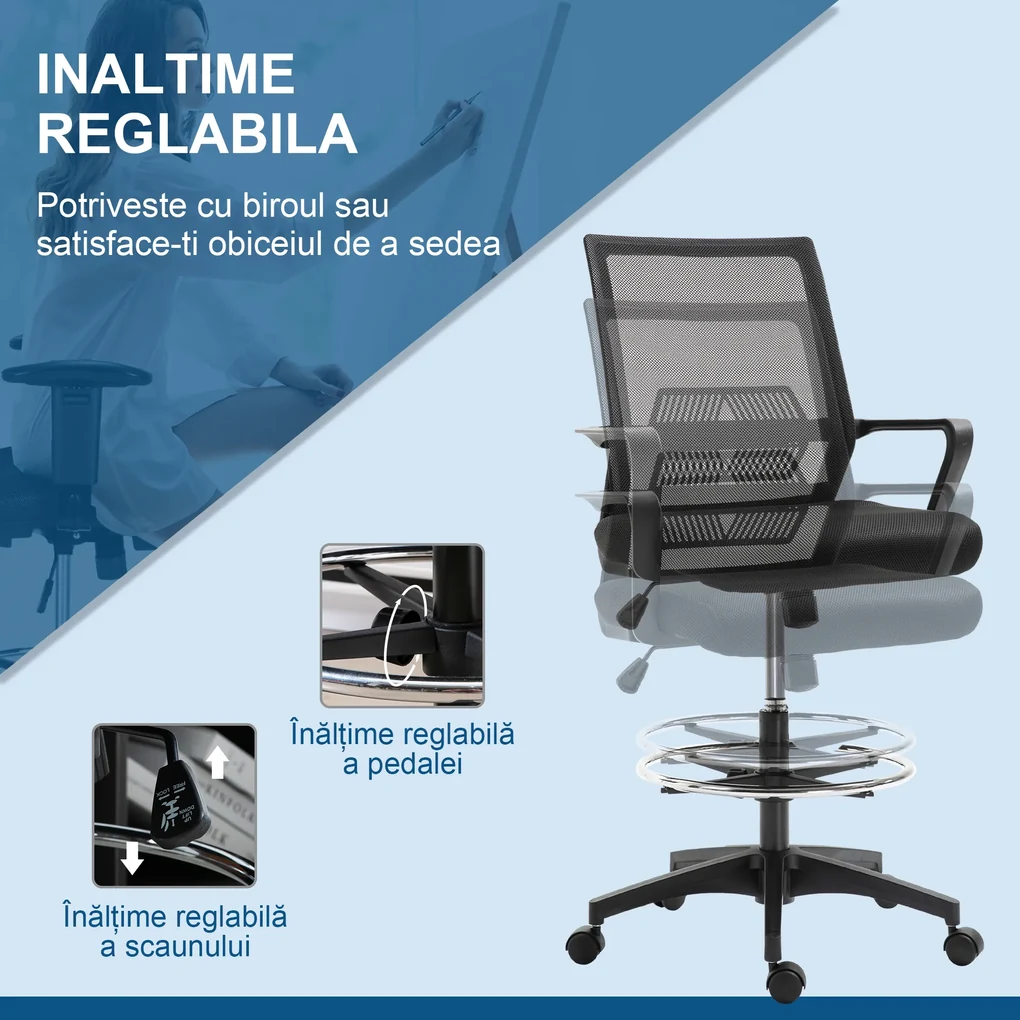 Vinsetto Scaun de Birou Reglabil pe Înălțime cu Suport pentru Picioare, Negru | Aosom Romania
