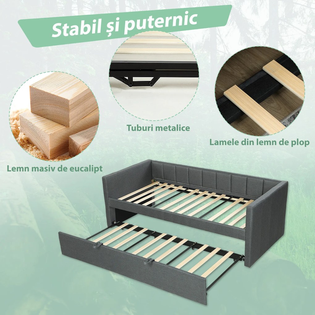 HOMCOM Cadru Pat Simplu 90x190 cm, Canapea cu Al Doilea Pat Extensibil, Tetieră Căptușită, Cotiere, Lamele din Lemn de Plop, pentru Cameră Living Oaspeți, Fără Saltea, Gri Închis | Aosom Romania