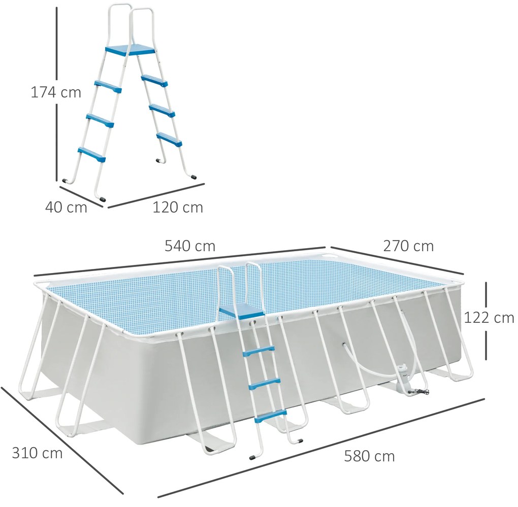 Outsunny Piscină Supraterană cu Cadru de Oțel, Pompă de Filtru, Cartuș Filtrant, Rezistentă la Rugină, 580x310x122 cm, Gri deschis | Aosom Romania