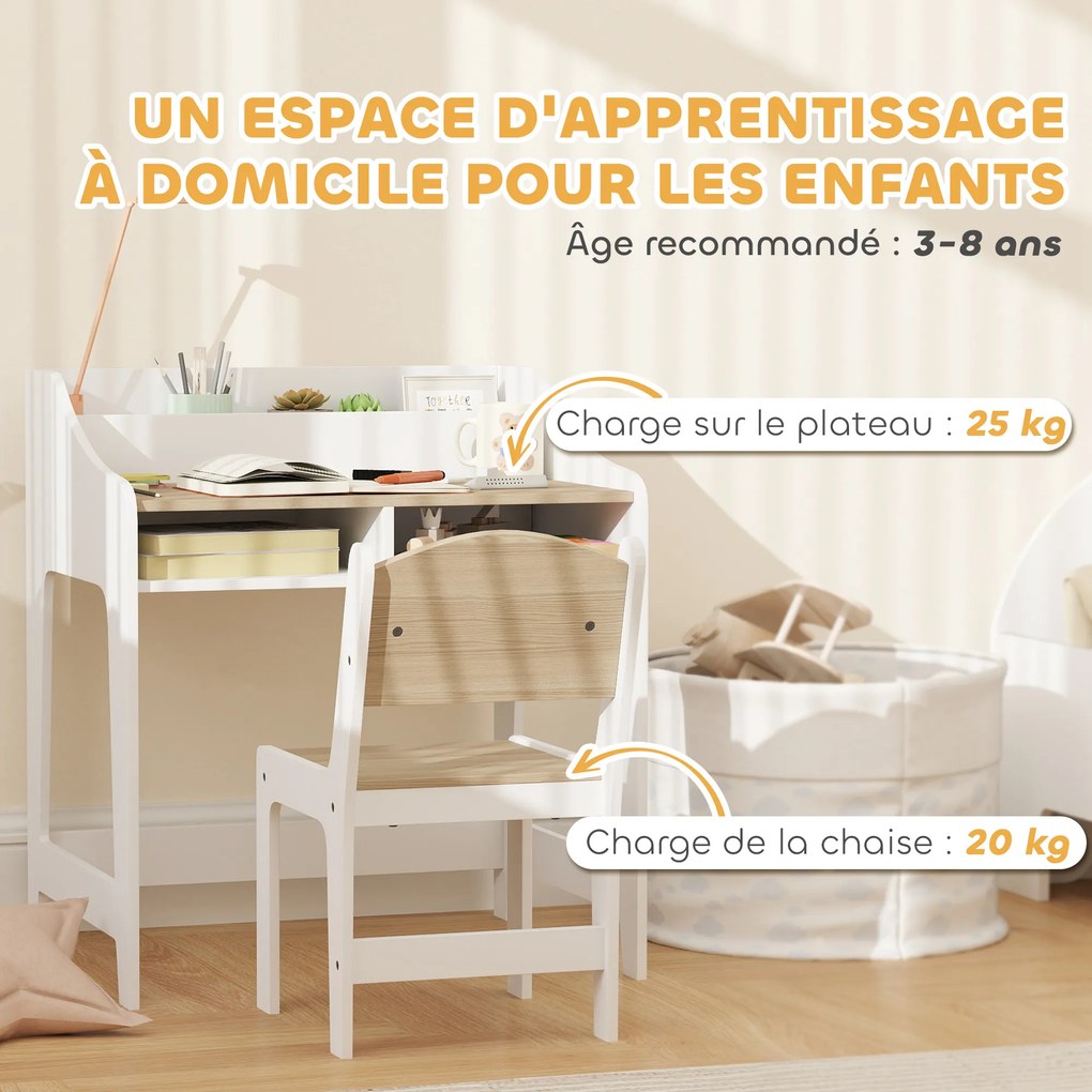 AIYAPLAY Set birou si scaun pentru copii 3-8 ani cu compartimente si rafturi deschise, efect lemn natural | Aosom Romania