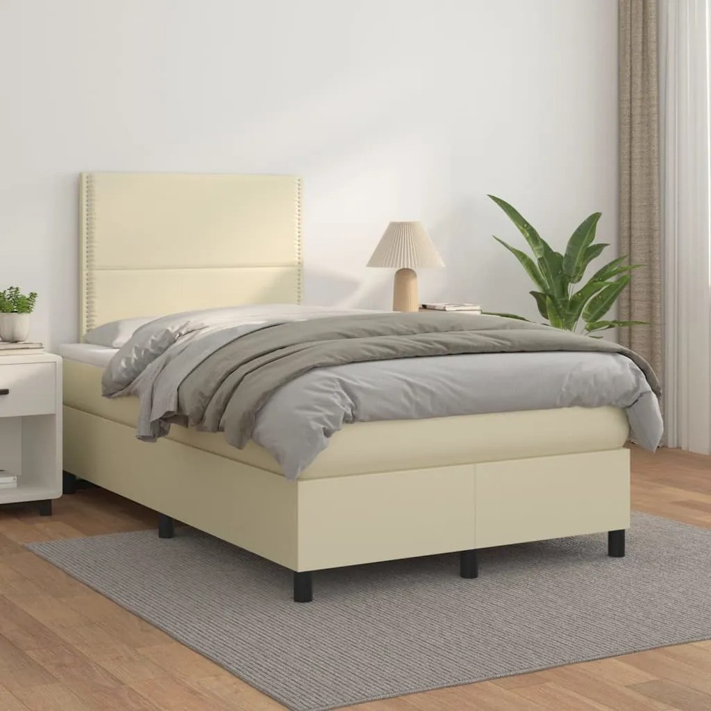 3142775 vidaXL Pat box spring cu saltea, crem, 120x200 cm, piele ecologică
