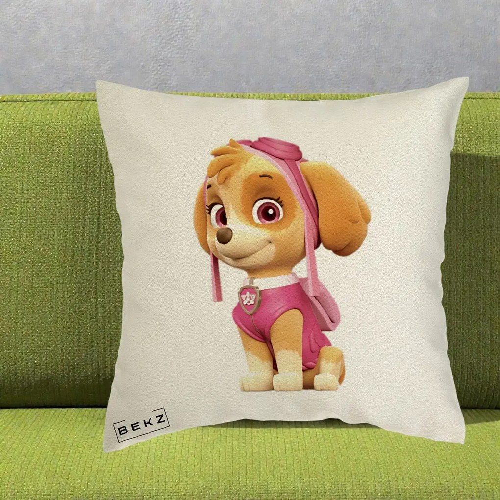 Perna Personalizata Skye PAW Patrol Roz, 40x40 cm, Ecru, Husa Detasabila, Perna Inclusa, BEKZ®