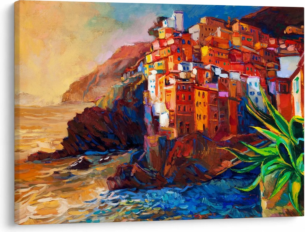 Tablou - Satul de coastă Cinque Terre, Riviera italiană, impresionismul modern (70x50 cm)
