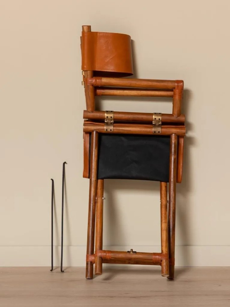 Scaun de dining pliabil din piele camel și lemn de tec cu finisaj natural, 92×58×46 cm, înălțime șezut 52 cm, „Explorer"
