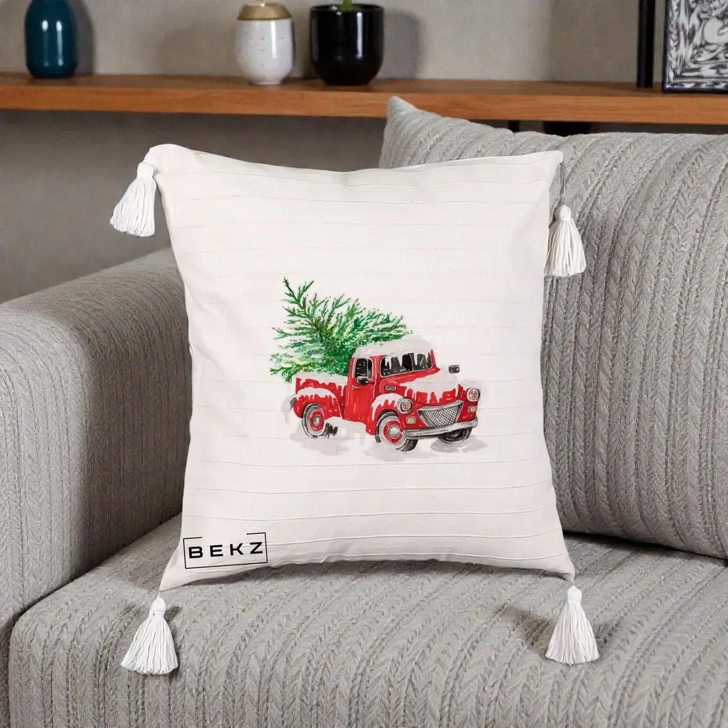 Perna Decorativa Camioneta Rosie Brad de Craciun, 40x40 cm, Bej cu Franjuri, Husa Detasabila, Perna Inclusa, BEKZ®