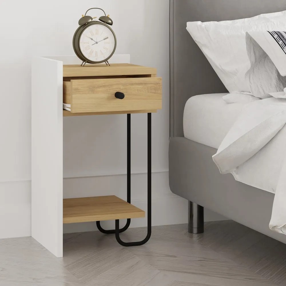 Noptieră albă/în culoare naturală cu rafturi cu aspect de lemn de stejar Mercure – Marckeric