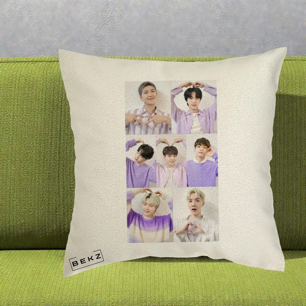 Perna Personalizata K-pop BTS Colaj 7 Portrete cu Inimi Lila, 40x40 cm, Ecru, Husa Detasabila, Perna Inclusa, BEKZ®