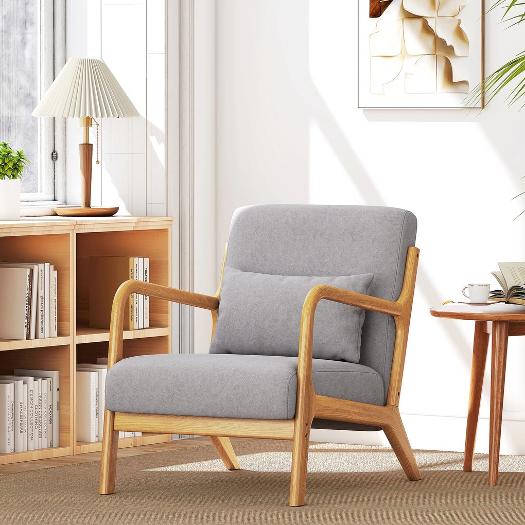 HOMCOM Fotoliu lounge - 3 perne incluse - șezut adânc - brațe - structură din lemn de hevea - aspect de catifea gri | Aosom Romania