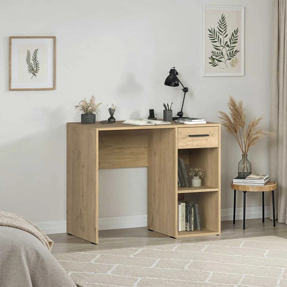 Birou Modern Adore Concept cu Sertar și 2 Rafturi, Alb - Maro - Stejar - Antracit, 90x52x75 cm