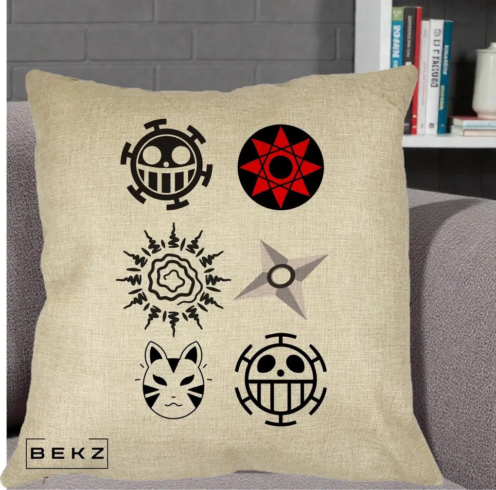Perna Personalizata Simboluri Anime Mix - Naruto One Piece, 40x40 cm, Crem, Husa Detasabila, Perna Inclusa, BEKZ®