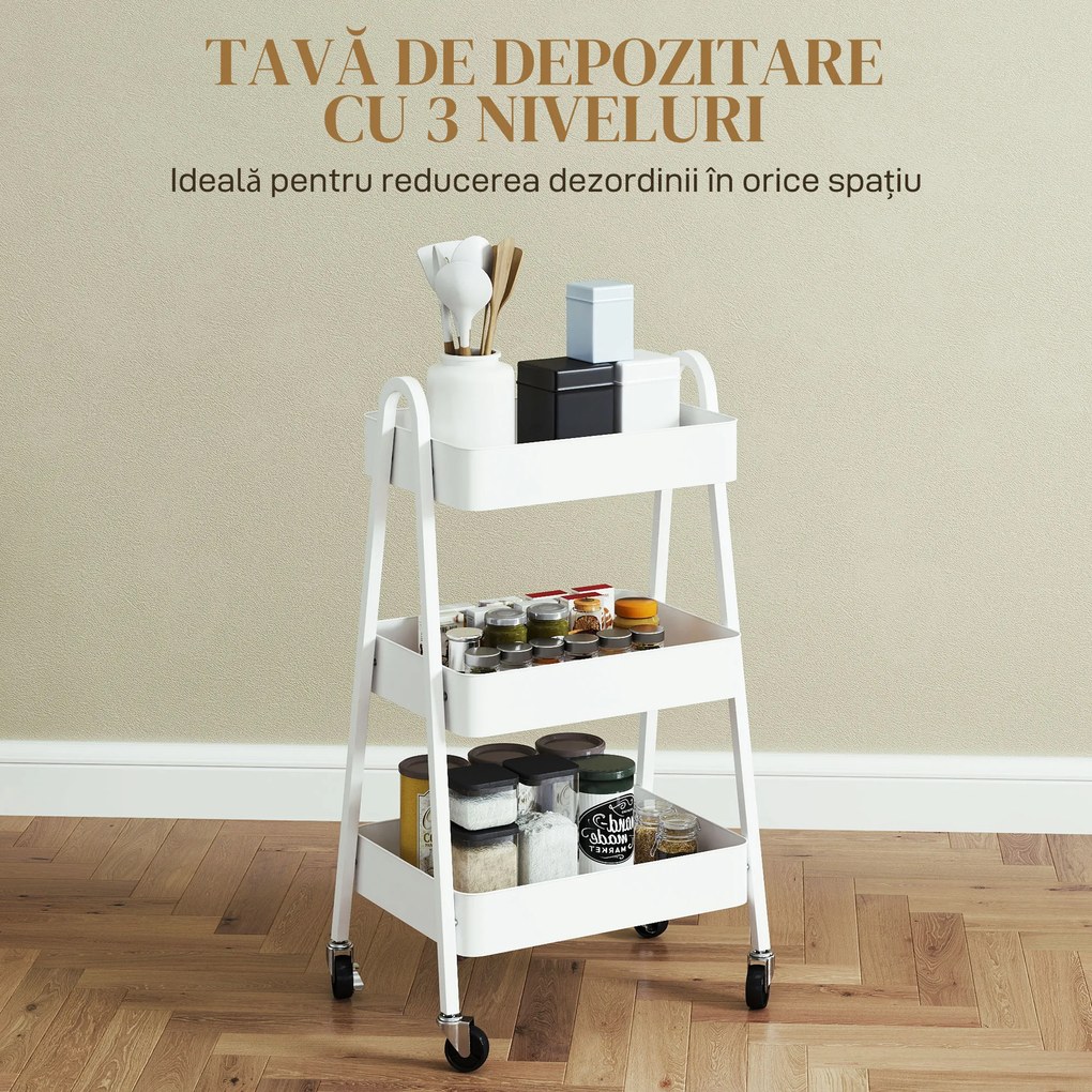 HOMCOM Cărucior de Bucătărie cu 3 Niveluri, Roți Pivotante, Mânere și Frâne, 42,4x29,8x74,5 cm, Alb | Aosom Romania