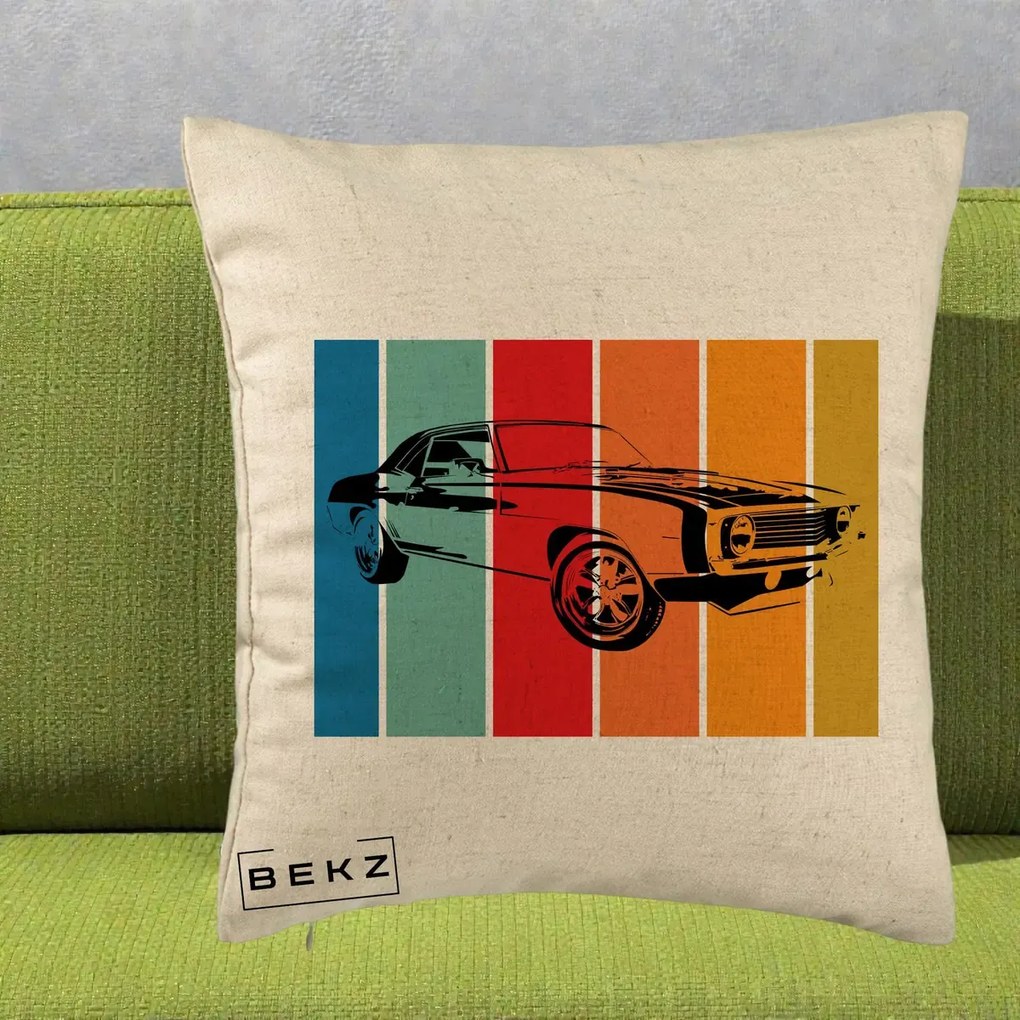 Perna Personalizata Masina Retro Muscle Car Grafic, 40x40 cm, Bej, Husa Detasabila, Perna Inclusa, BEKZ®