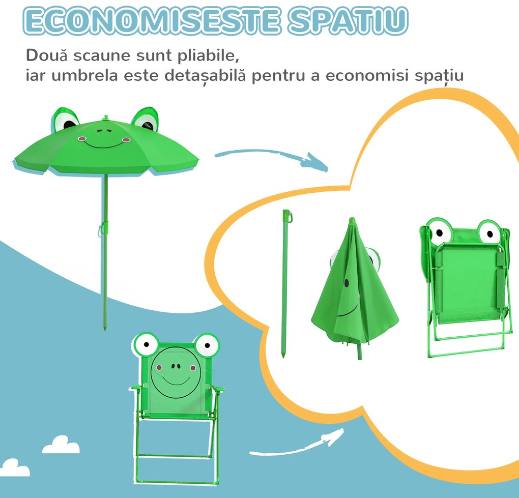 Outsunny Set Masa de Gradina cu 2 Scaune Pliabile si Umbrela pentru Copii din Metal si Poliester, Verde | Aosom Romania