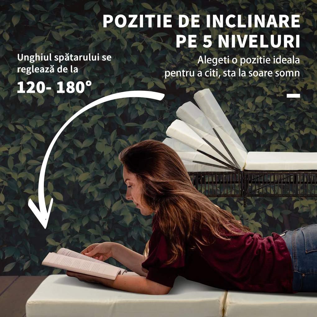 Outsunny Set cu 2 Sezlonguri Plaja si Masuta de Gradina din Ratan PE, Sezlong cu Perne Capitonate si Masuta de Cafea din Sticla, Maro si bej