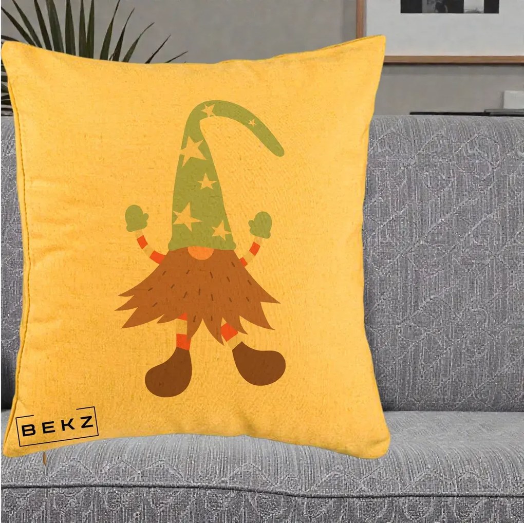 Perna Decorativa Pitic Gnom Nordic cu Cadou Menta, 40x40 cm, Galben, Husa Detasabila, Perna Inclusa, BEKZ®