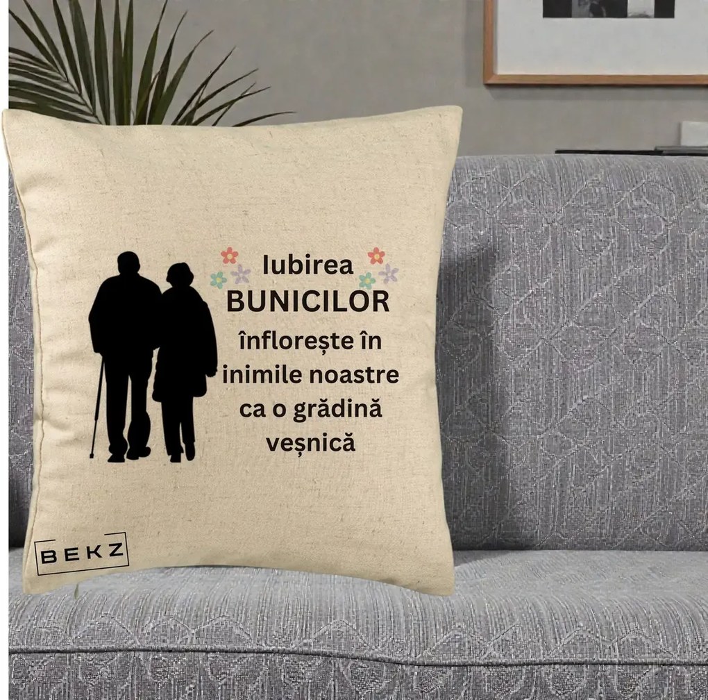 Cadou pentru Bunici - Perna Personalizata Bunicii Iubirea Infloreste Silueta Neagra Flori, 40x40 cm, Bej, Husa Detasabila, Perna Inclusa, BEKZ®