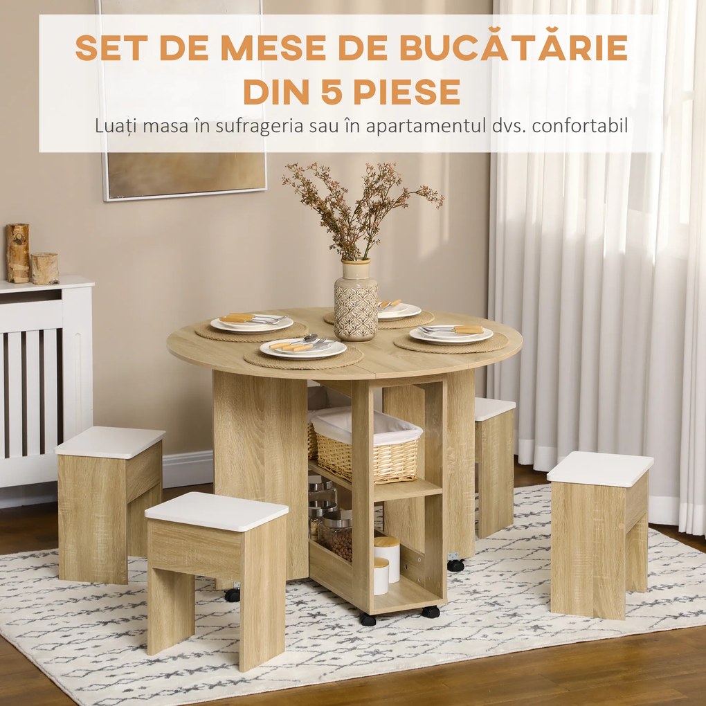 Set dining 4 persoane HOMCOM, masa de bucatarie cu extensie plianta, rotile, 4 scaune, culoare stejar | Aosom RO