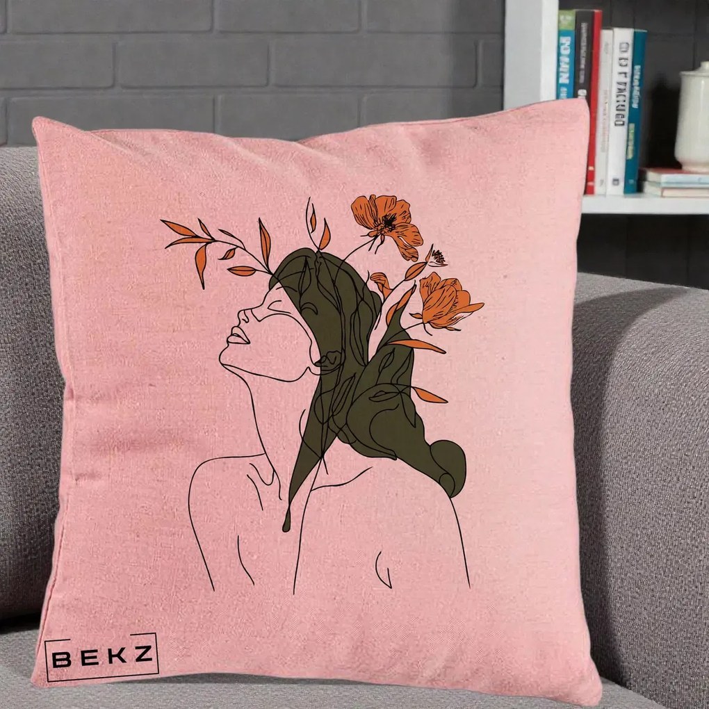 Perna Decorativa Portret Feminin Profil Flori Portocalii, 40x40 cm, Roz, Husa Detasabila, Perna Inclusa, BEKZ®