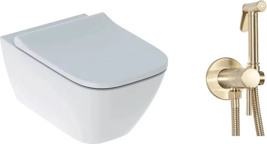 Pachet vas wc suspendat Geberit Smyle, capac softclose si set dus igiena intima auriu cu baterie incastrata Rea Loop