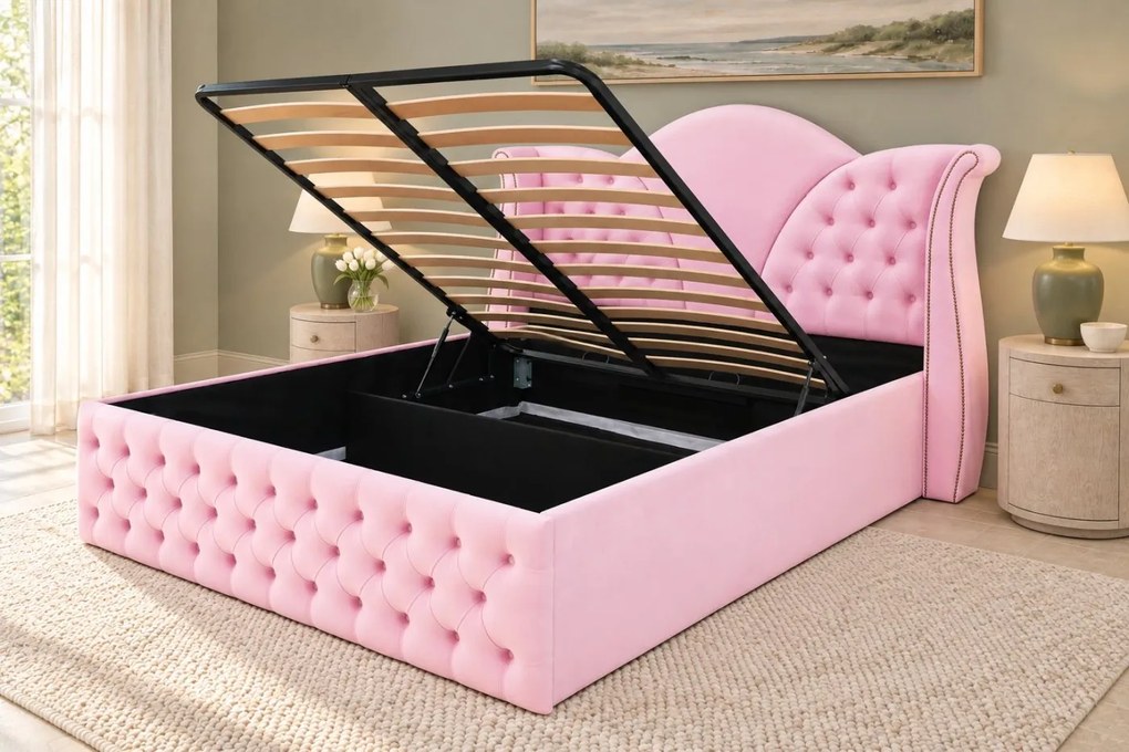 Pat tapițat Chesterfield din catifea Velora 140×200 cm, roz, cu ladă de depozitare