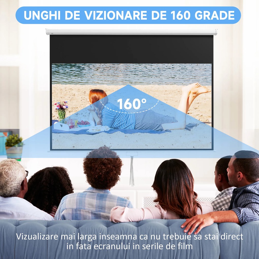 HOMCOM Ecran Proiector 100", 16:9, Montaj Perete/Tavan, Material Mat Premium, Blocare Automată, 221x124 cm, Alb | Aosom Romania