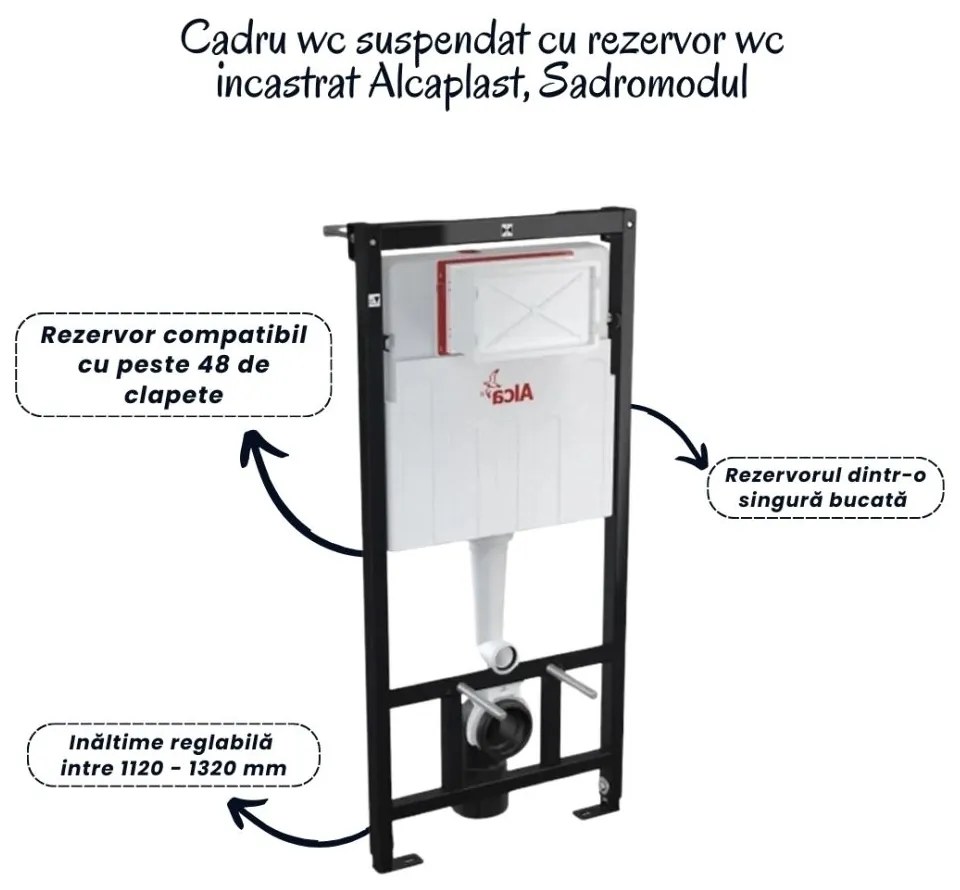 Set vas wc suspendat rimless cu capac soft close Foglia Oslo, rezervor incastrat si clapeta crom mat Alcaplast