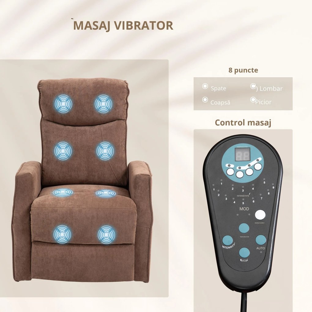 HOMCOM Fotoliu de Relaxare Electric cu 2 Telecomenzi, Suport pentru Picioare și 8 Puncte de Masaj, 74,5x87,5x110 cm, Maro | Aosom Romania