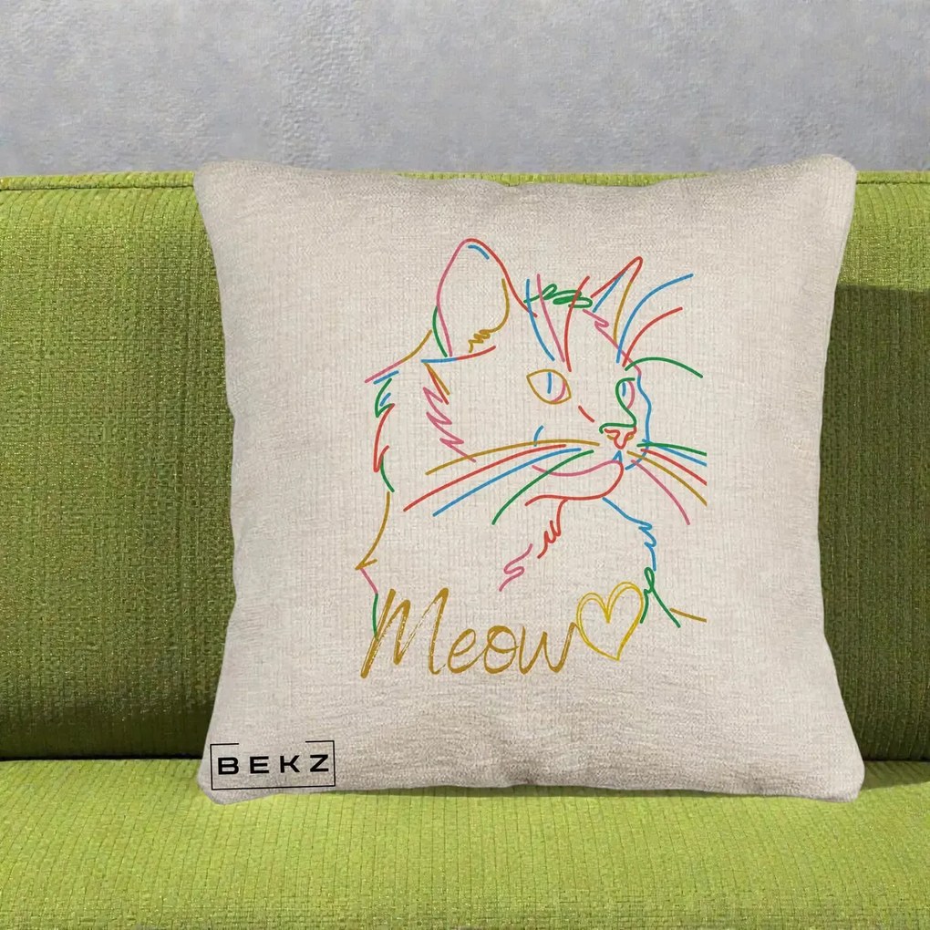 Perna Personalizata Pisica Meow Arta Linie Colorata, 40x40 cm, Bej Canapea, Husa Detasabila, Perna Inclusa, BEKZ®