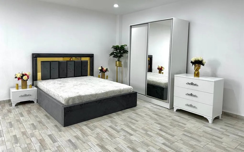 Dormitor complet Napoli, culoare gri / alb, cu pat Napoli 160 x 200 cm, dressing Erika 150 cm, 2 noptiere si comoda Viena