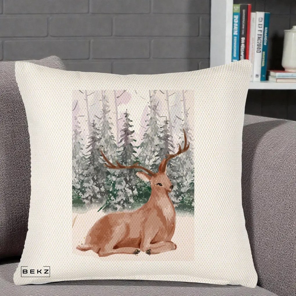 Perna Decorativa Ren in Padure Roz Moale, 40x40 cm, Crem Reliefat, Husa Detasabila, Perna Inclusa, BEKZ®