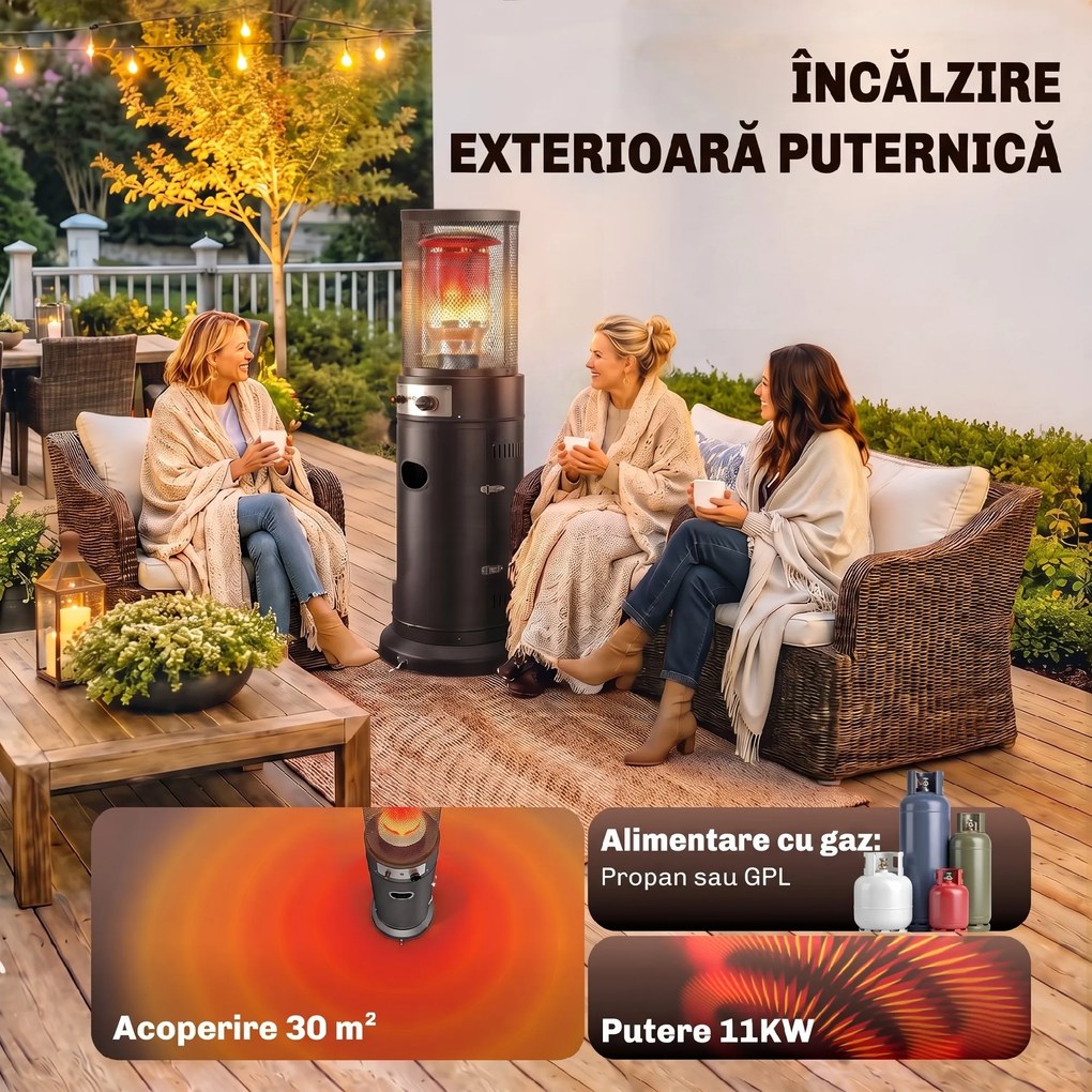 Outsunny Încălzitor de Terasă pe Gaz 11 kW, Portabil, cu Roți, Negru | Aosom Romania