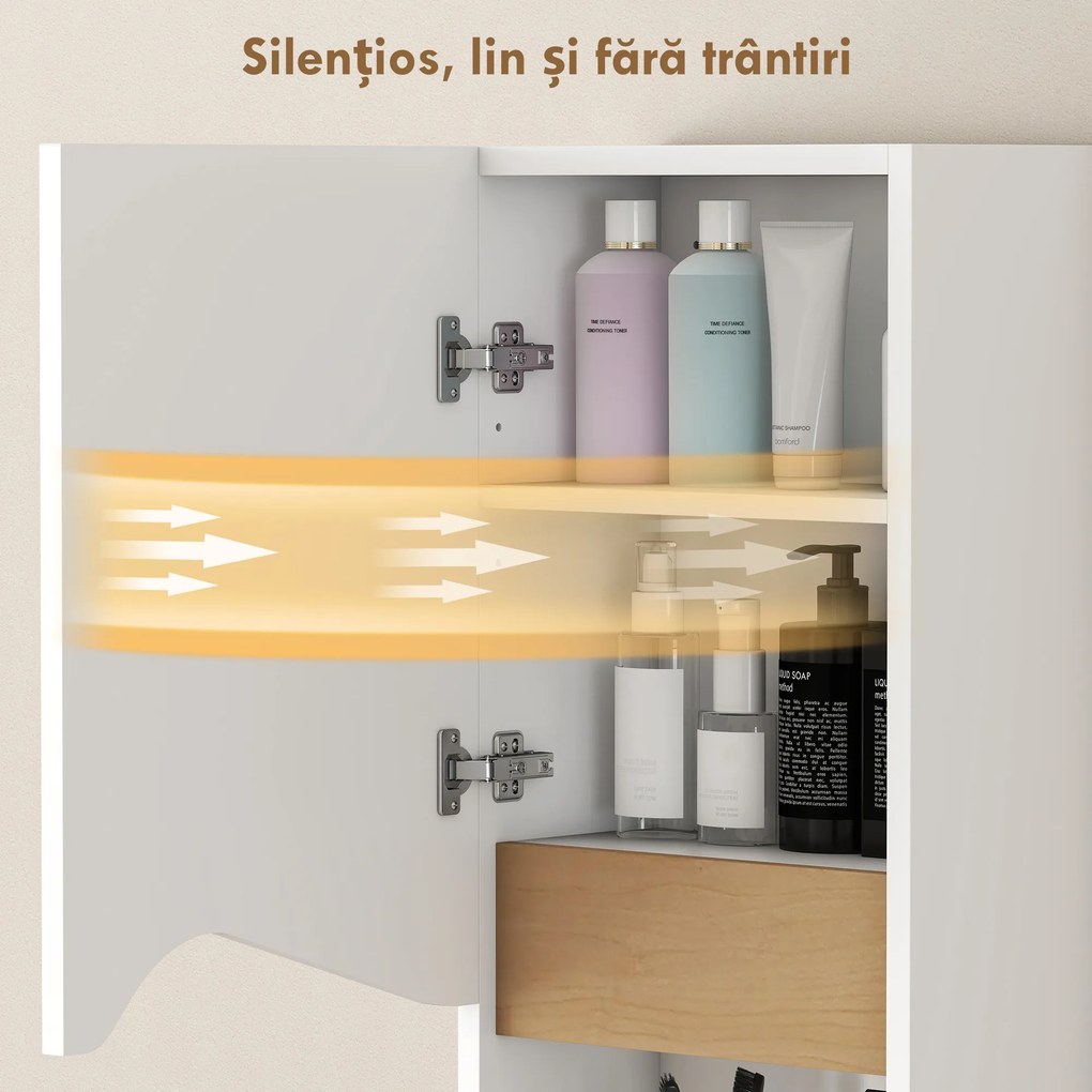 HOMCOM Dulap Suspendat pentru Baie cu Raft Deschis și Dulăpior Soft Close, Dulap cu Poliță Reglabilă, Spațiu de Depozitare Pe Perete, 30x17x67 cm, Alb și Lemn Natural | Aosom Romania