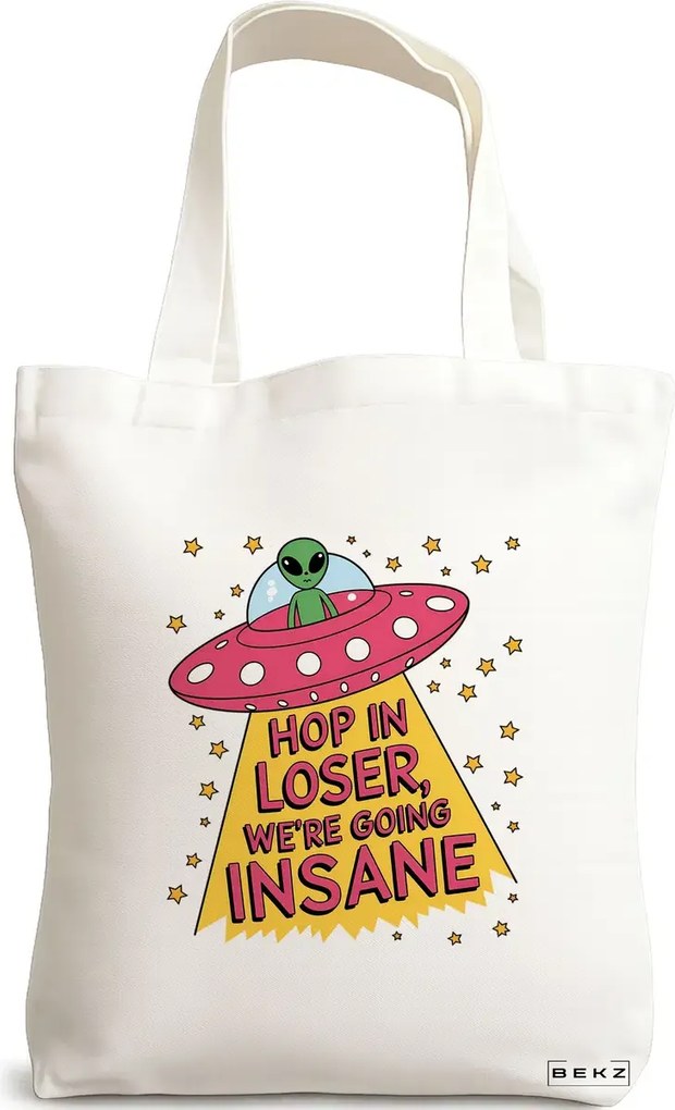 Sacosa de Panza pentru Cumparaturi, Geanta Tote, model Ufo life 38 x 34.5 cm, Alba, BEKZ®