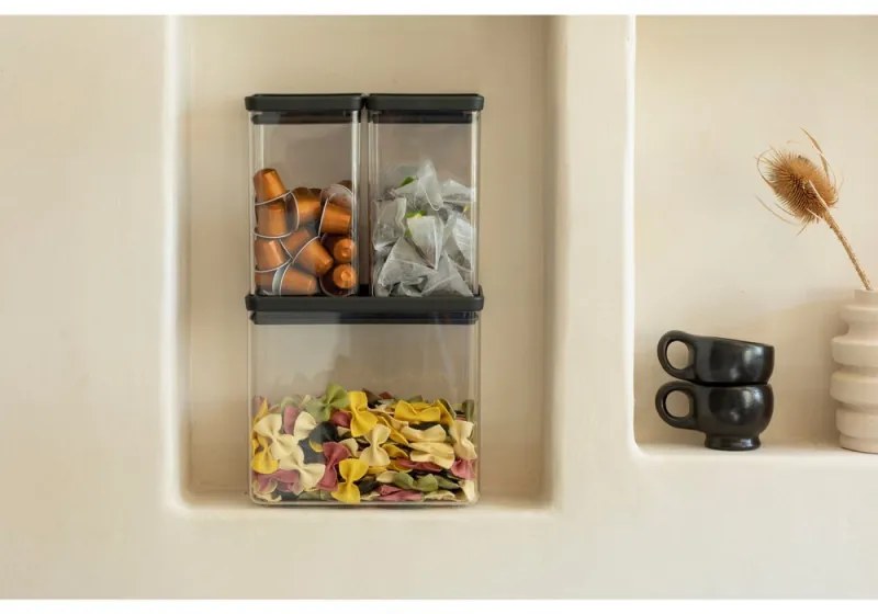 Cutii de depozitare Brabantia Tasty+ Stackable 1008879, 2x1.6L+1x3.5L, Fara BPA, Inchidere stransa, Gri inchis