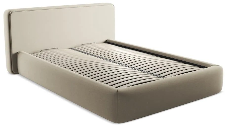 Pat matrimonial bej tapițat cu spațiu de depozitare cu somieră 140x200 cm Kiana – Makamii