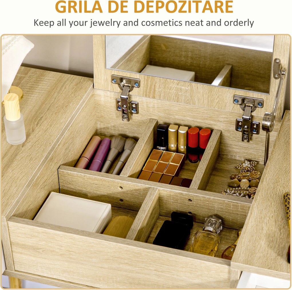 Masa de toaleta cu oglinda glisanta scaun tapitat 2 sertare 5 compartimente de depozitare pentru casa 100x45x118cm Lemn HOMCOM | Aosom RO