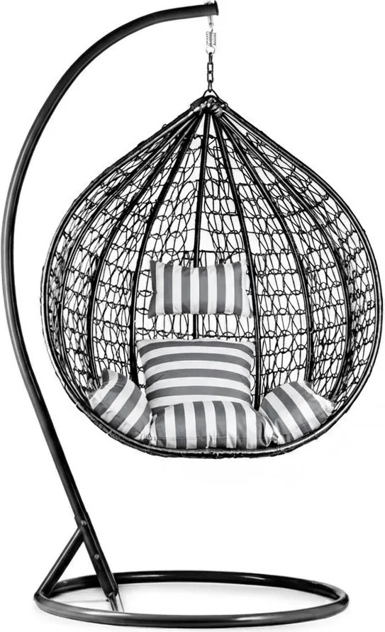 Scaun suspendat negru KOKON cu suport, perna alb-gri