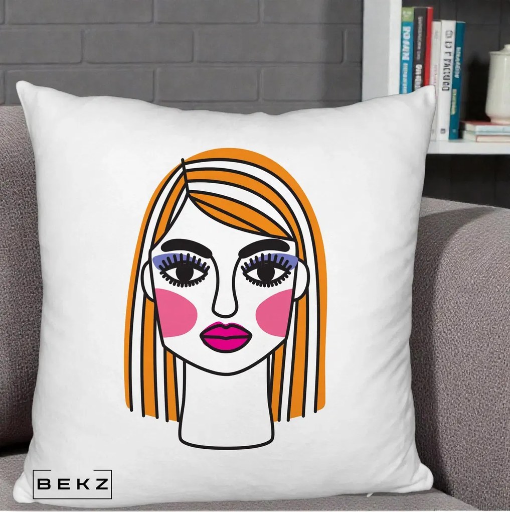 Perna Decorativa Portret Pop Art Fata, 40x40 cm, Alb Pufos, Husa Detasabila, Perna Inclusa, BEKZ®