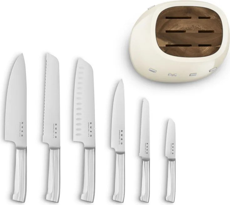 Set de cutite cu suport SMEG KBSF02CR, 7 piese, Manere din lemn de salcam, Otel inoxidabil german, Crem