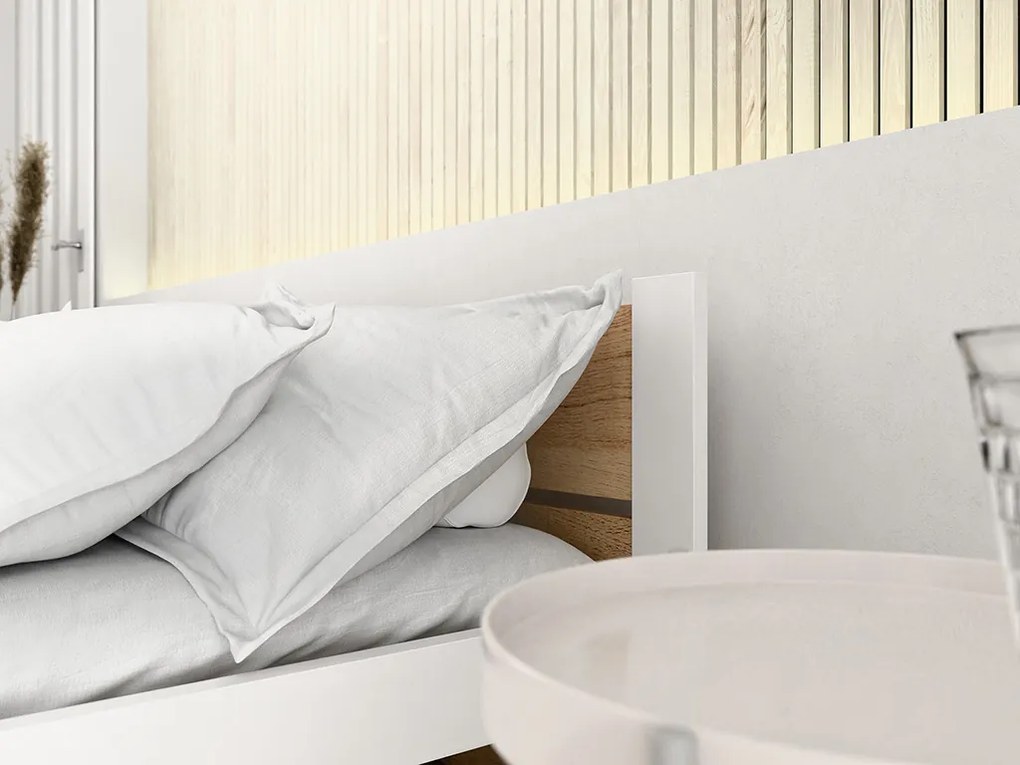 Pat de o persoana IKAROS DOUBLE 90 x 200 cm, stejar artisan/alb Saltele: Cu saltele Sommera 18 cm, Somiera pat: Cu lamele drepte