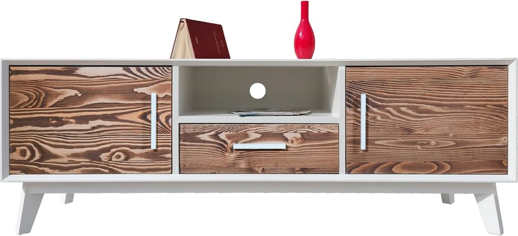 Comodă TV lemn masiv alb Timeless 1 Sertar 2 Uși 1 Nișă, 146 × 40 × 48 cm