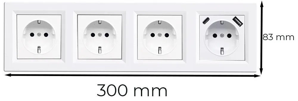Priză Nova IV cu trei prize cu împământare și conector USB cu cadru alb