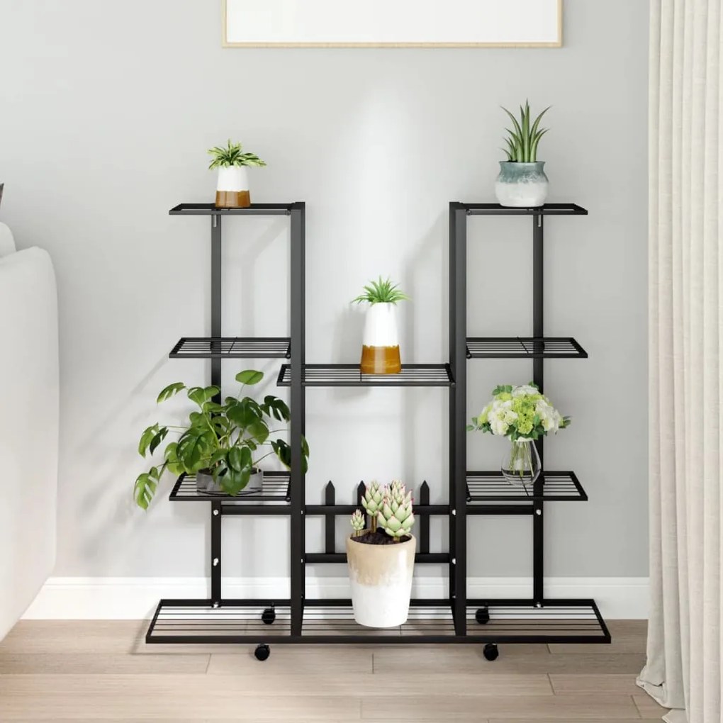 343121 vidaXL Suport pentru flori cu roți, 94,5x24,5x91,5 cm, negru, fier