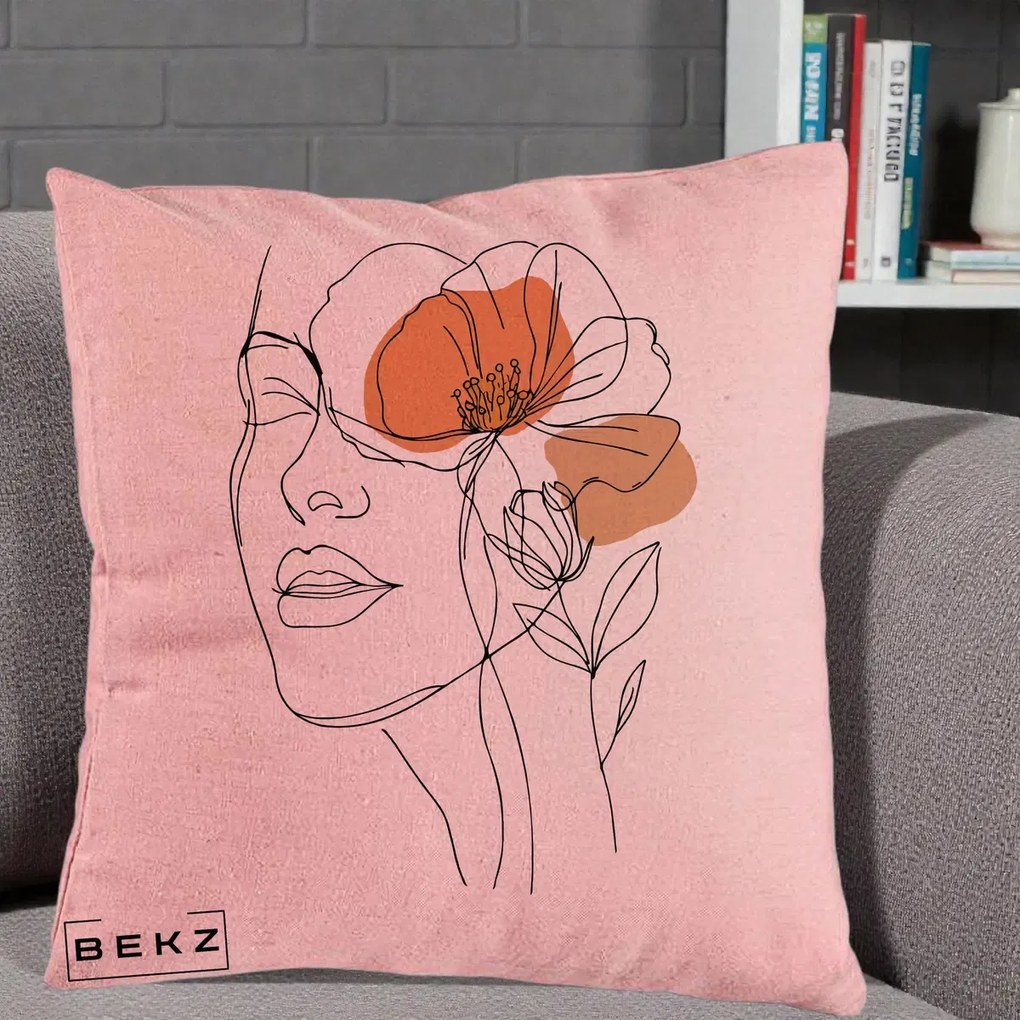 Perna Decorativa Portret Feminin Mac Profilat, 40x40 cm, Roz, Husa Detasabila, Perna Inclusa, BEKZ®