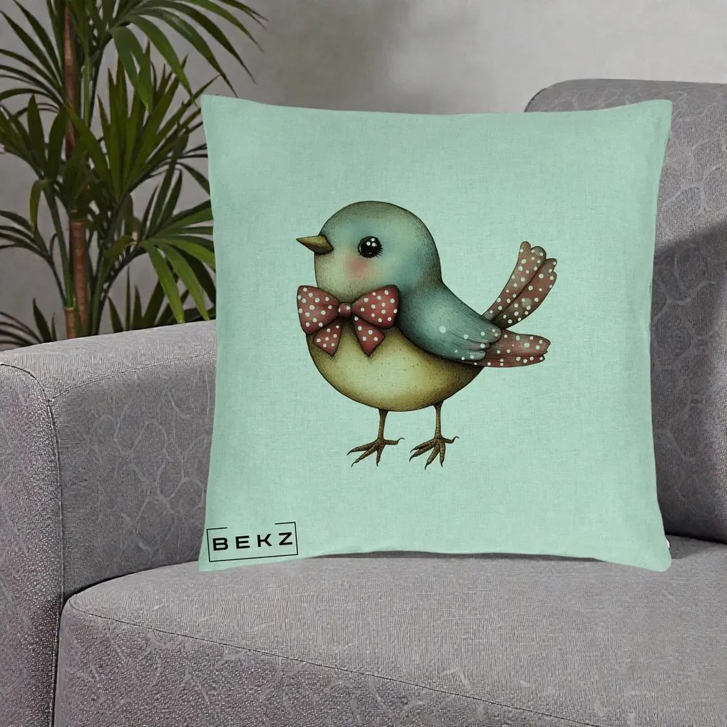 Perna Decorativa Pasare Bleu cu Fundita Rosie, 40x40 cm, Verde Menta, Husa Detasabila, Perna Inclusa, BEKZ®