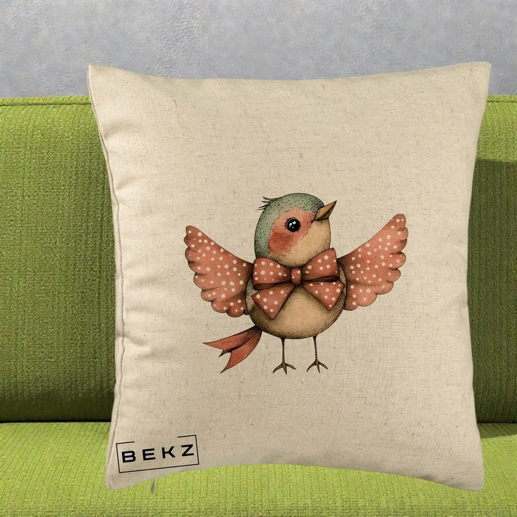 Perna Decorativa Pasare Roz cu Aripi si Fundita, 40x40 cm, Bej, Husa Detasabila, Perna Inclusa, BEKZ®