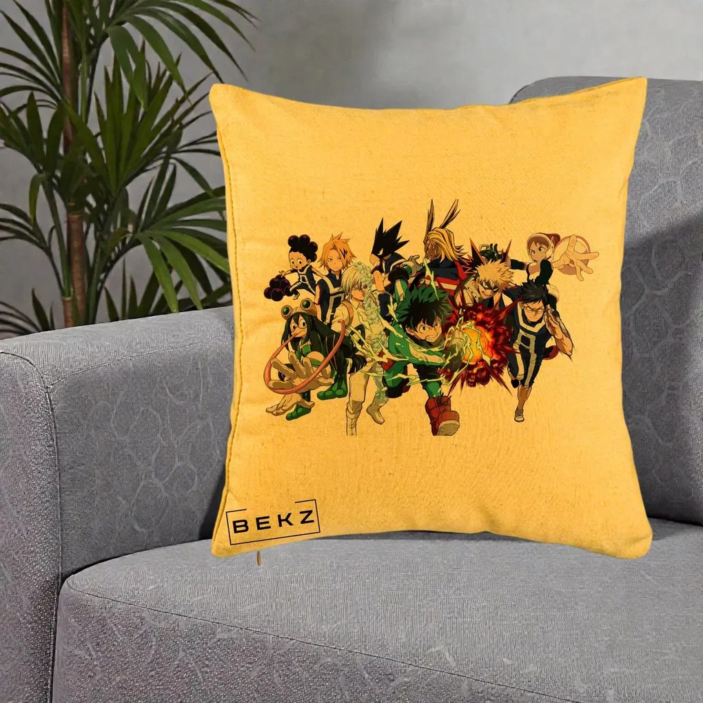 Perna Personalizata My Hero Academia Clasa 1-A Complet, 40x40 cm, Galben, Husa Detasabila, Perna Inclusa, BEKZ®