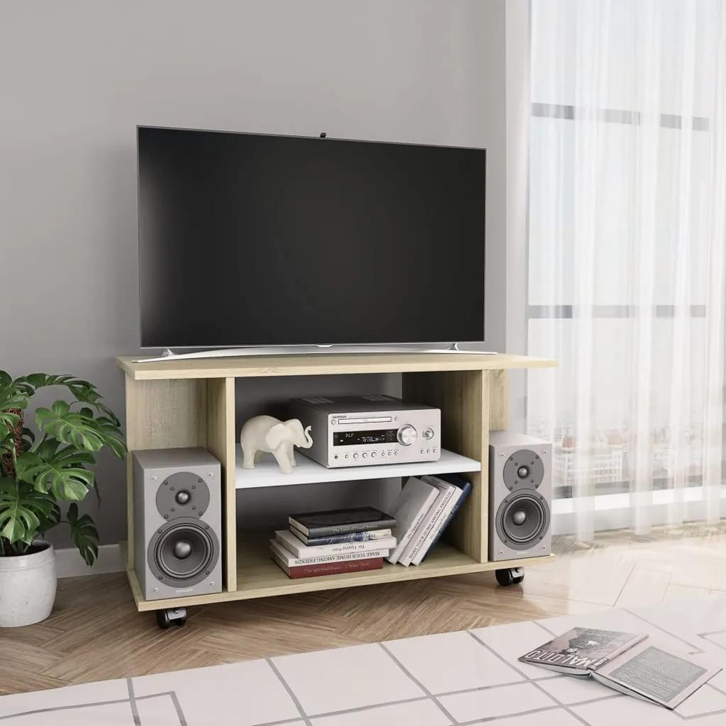800194 vidaXL Comodă TV cu rotile, alb și stejar Sonoma, 80 x 40 x 40 cm, PAL