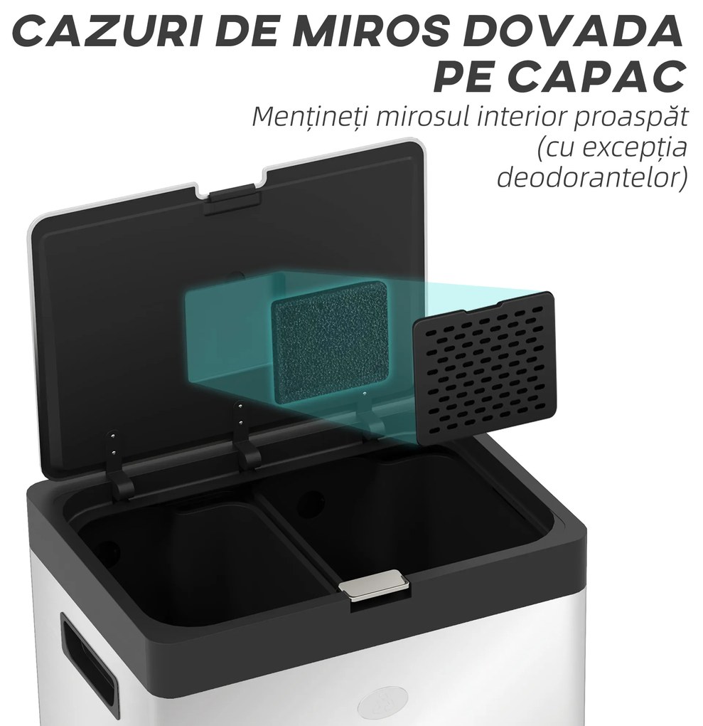 HOMCOM Coș de Gunoi cu 3 Compartimente de 56L, Pedală și Închidere Silențioasă, 45,7x35,8x76 cm, Argintiu | Aosom Romania